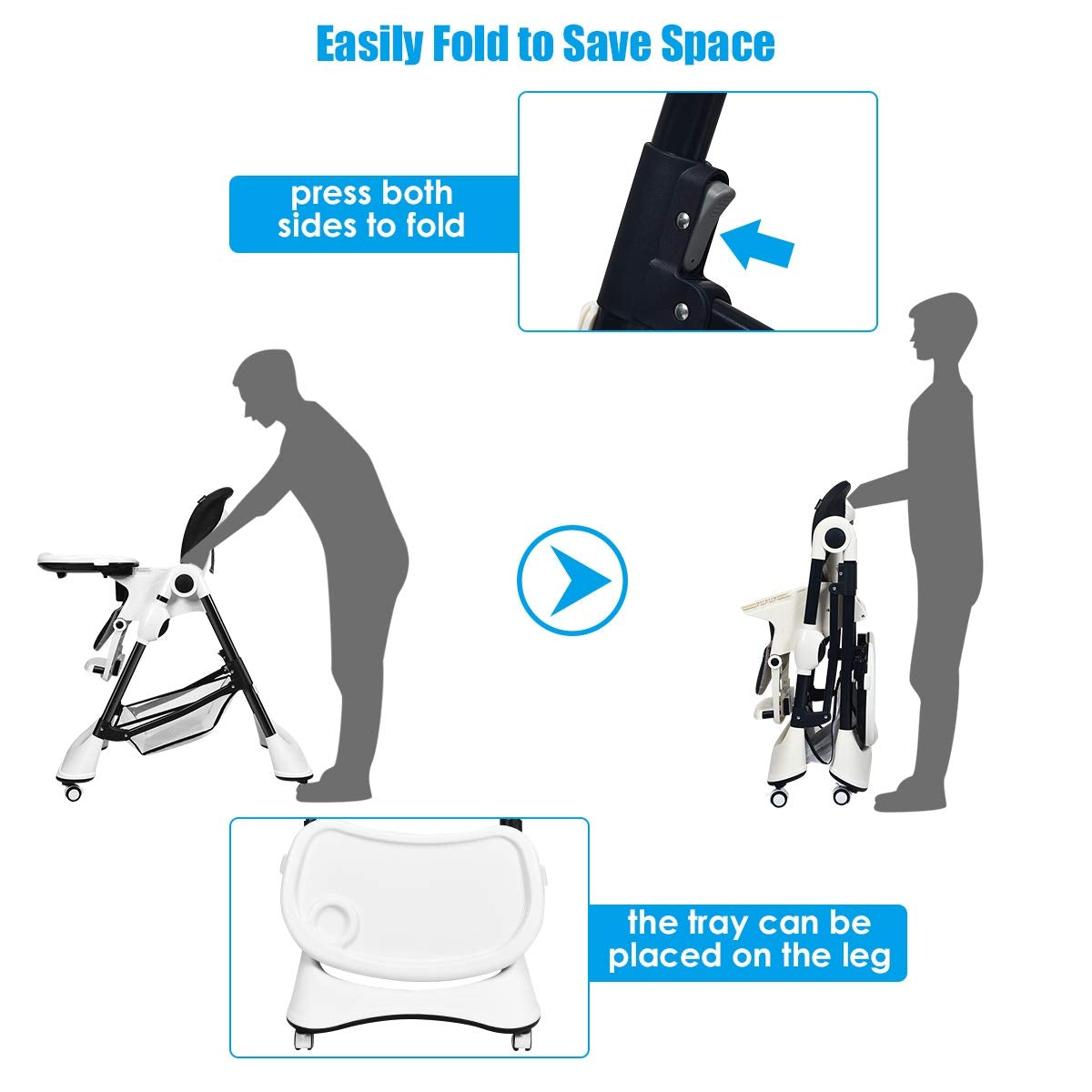 Foldable High Chair with 4 Lockable Wheels and 5-Point Harness