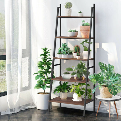 5 Tier Leaning Bookshelf Wood Metal Bookcase