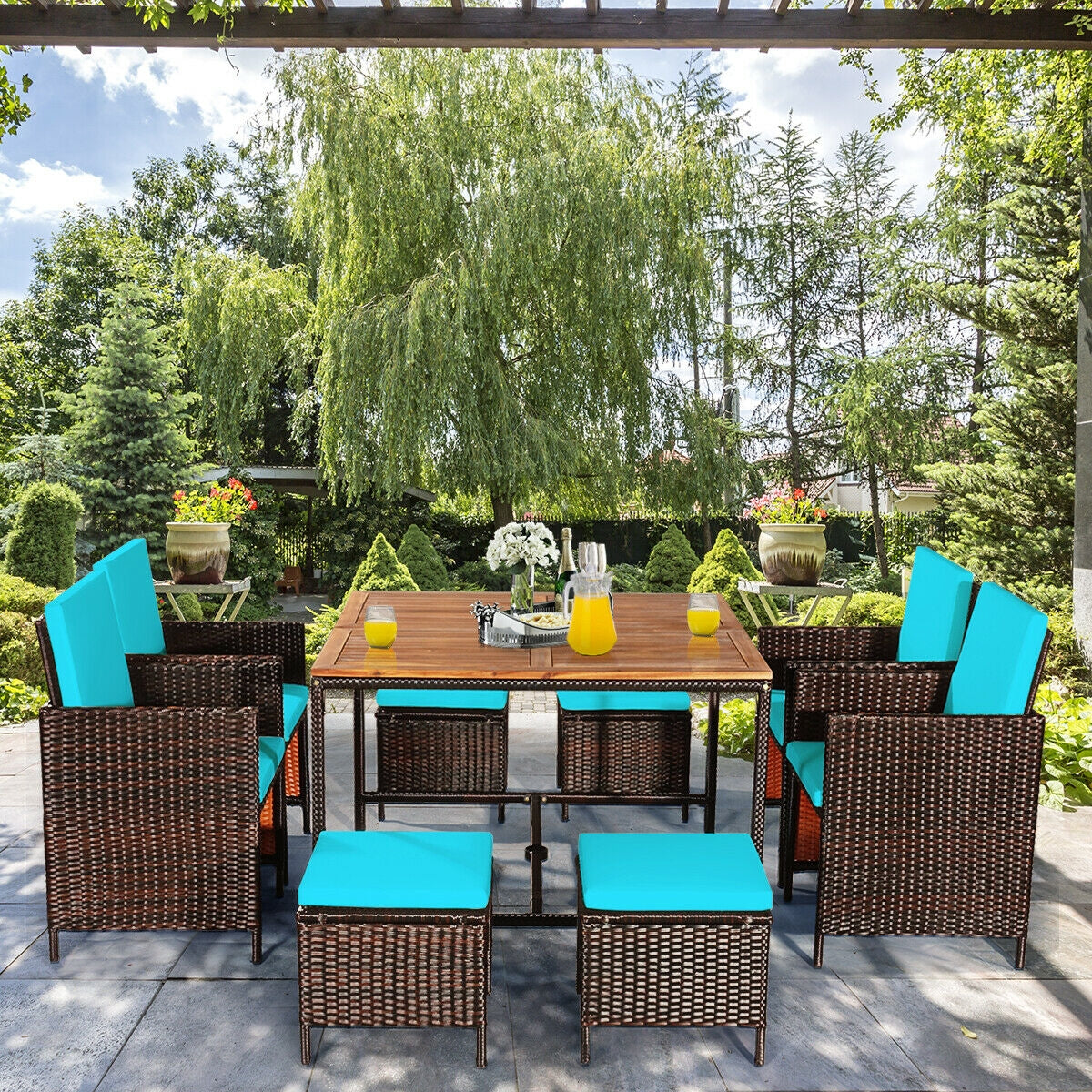 9-Piece Patio Rattan Dining Set with Cushioned Chairs