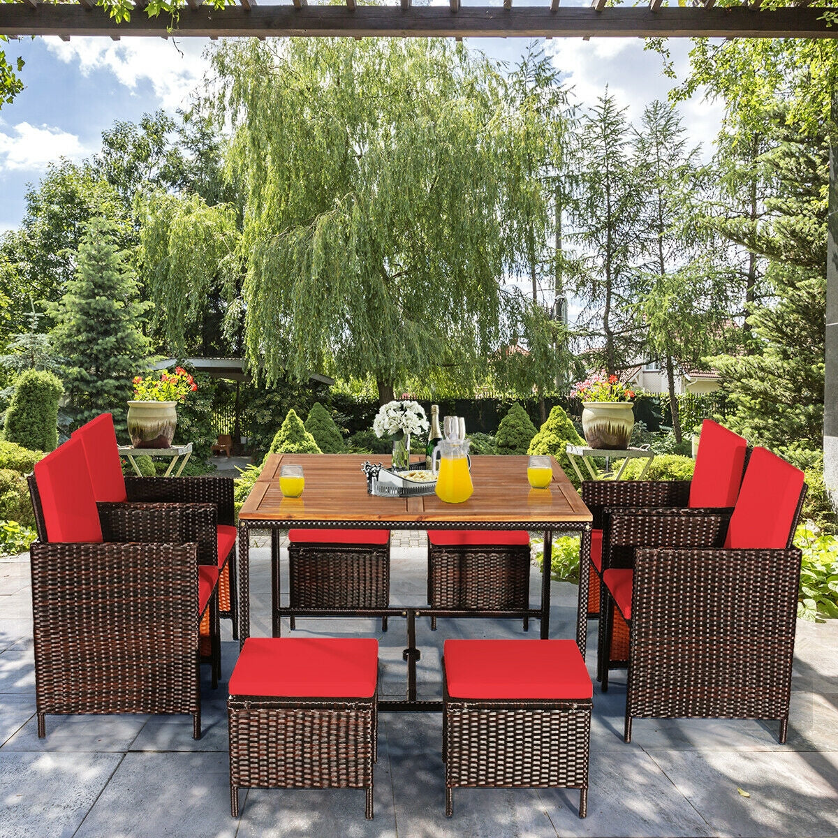 9-Piece Patio Rattan Dining Set with Cushioned Chairs
