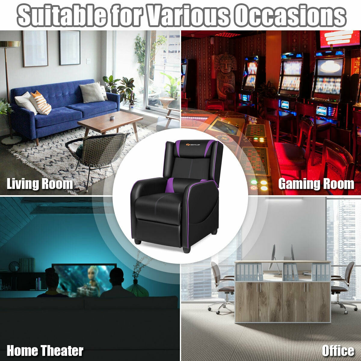 Massage Gaming Recliner Chair with Footrest - Purple