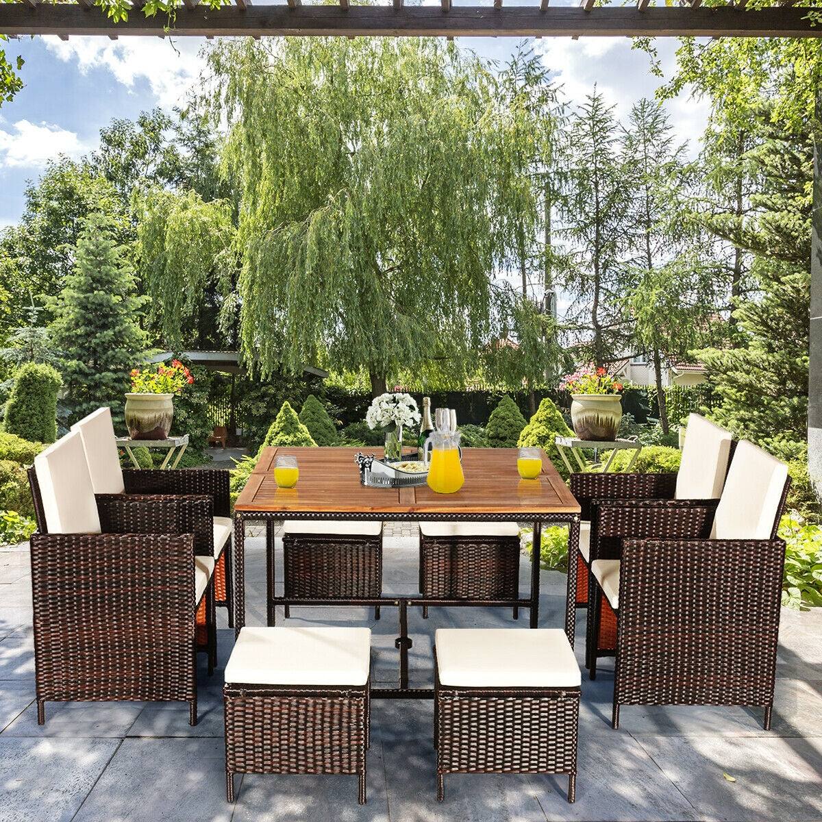 9-Piece Patio Rattan Dining Set with Cushioned Chairs