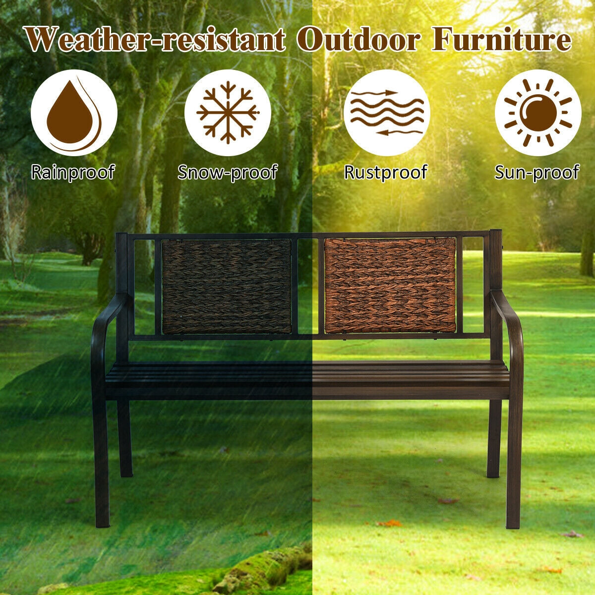 Outdoor Garden Bench with Steel Frame and PE Rattan - 500 lbs