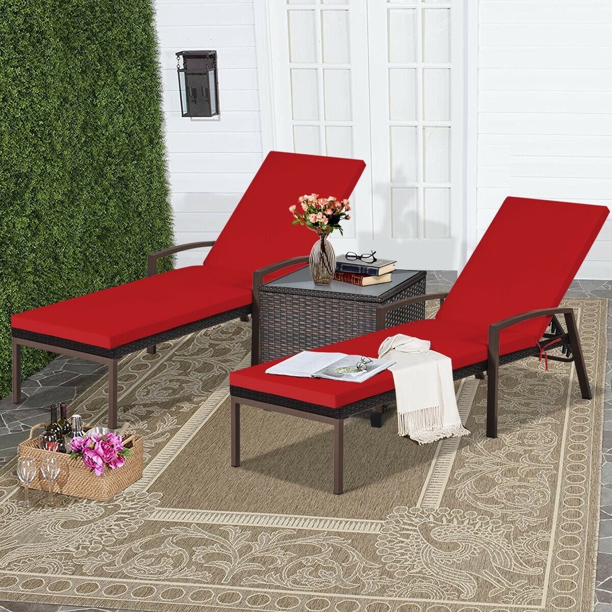 Adjustable Patio Chaise Lounge Chair Set with Cushions