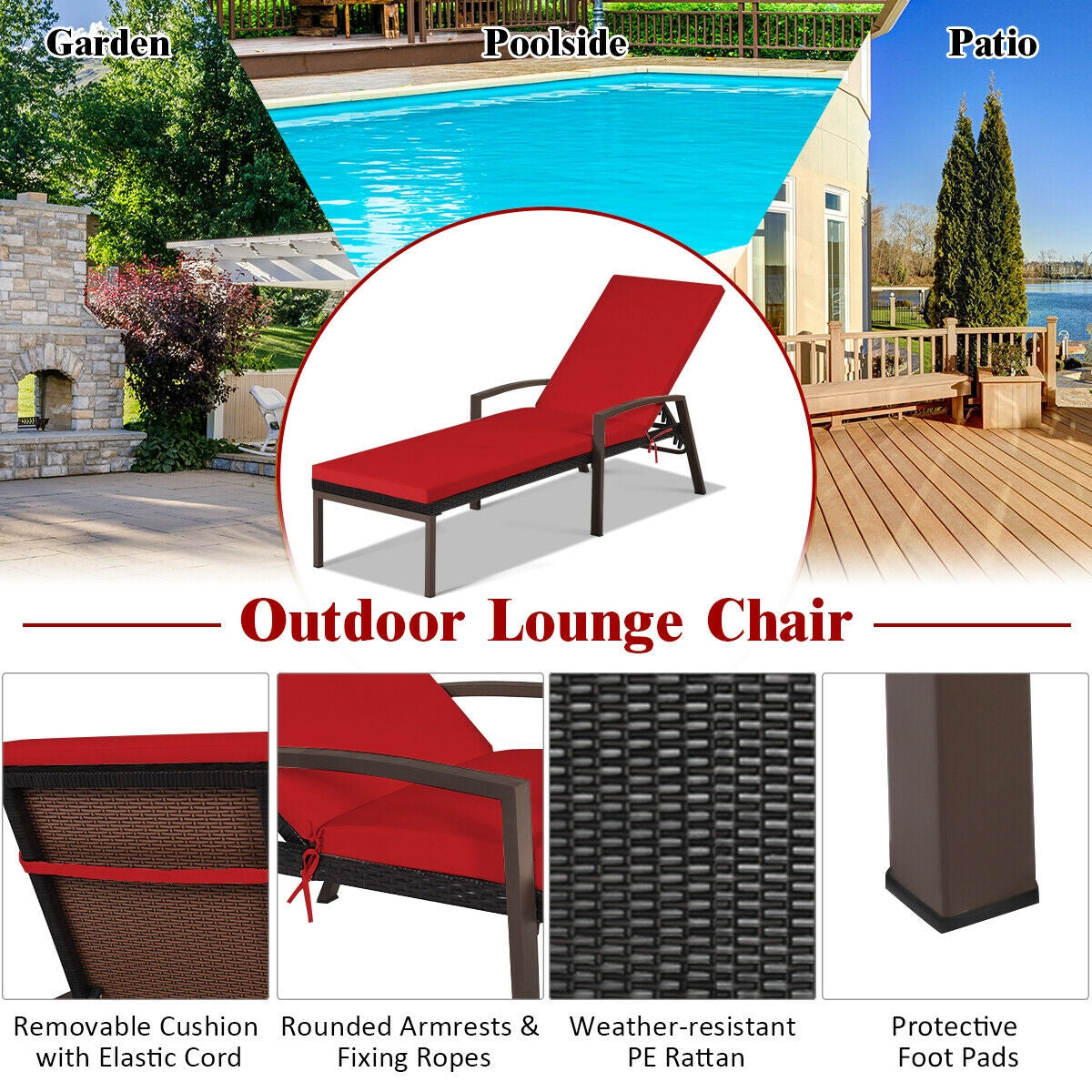 Adjustable Patio Chaise Lounge with Cushion - 5 Positions