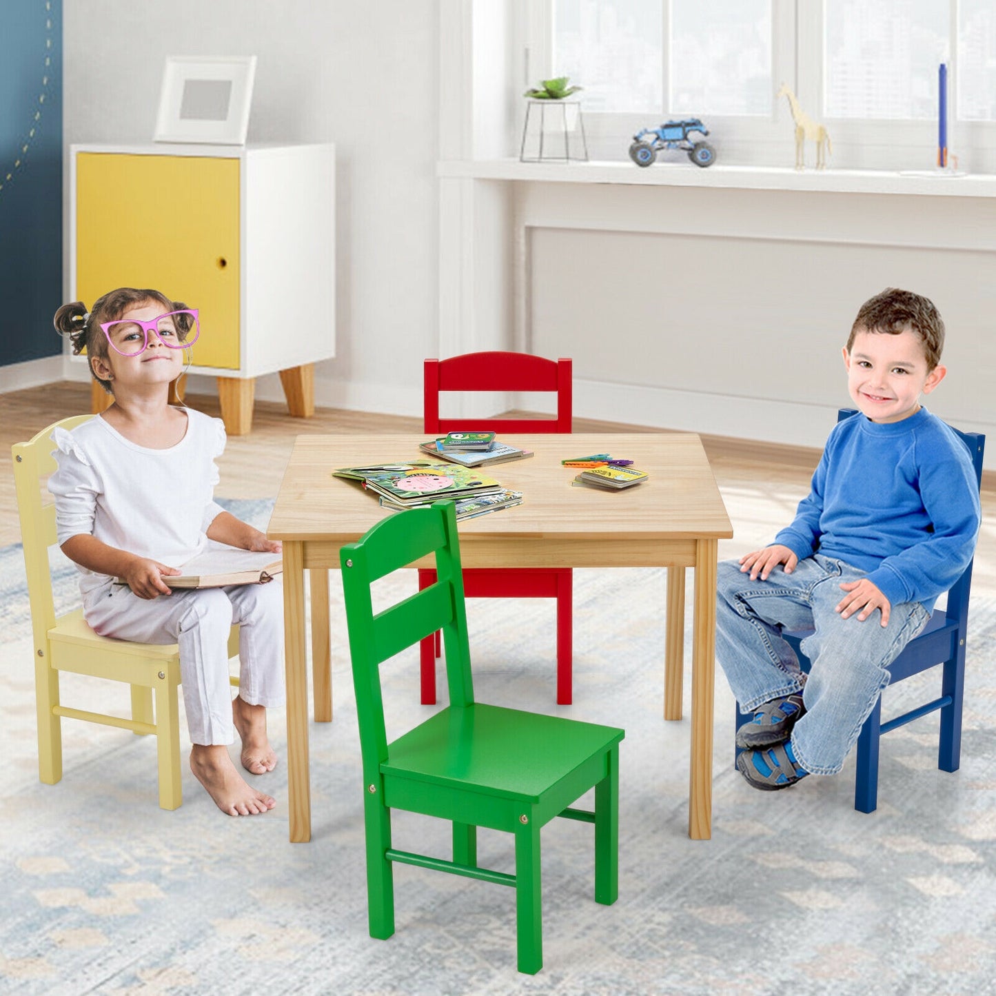 Kids Table and Chair Set - 5 Piece Pine Wood
