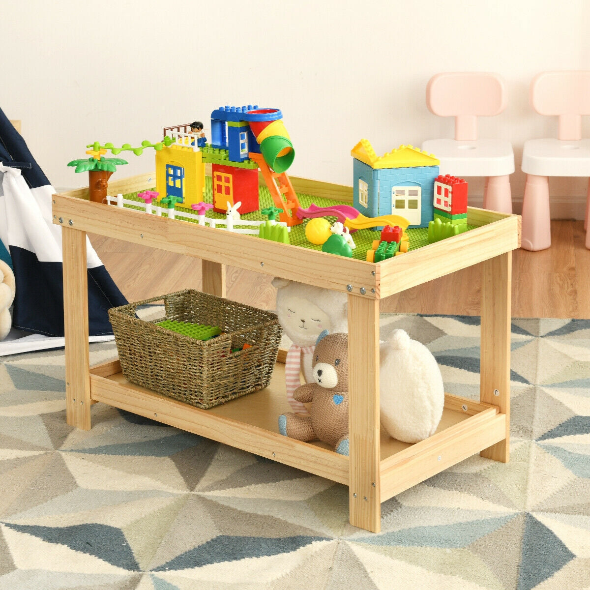 Kids Activity Play Table with Storage - Solid Pine Wood