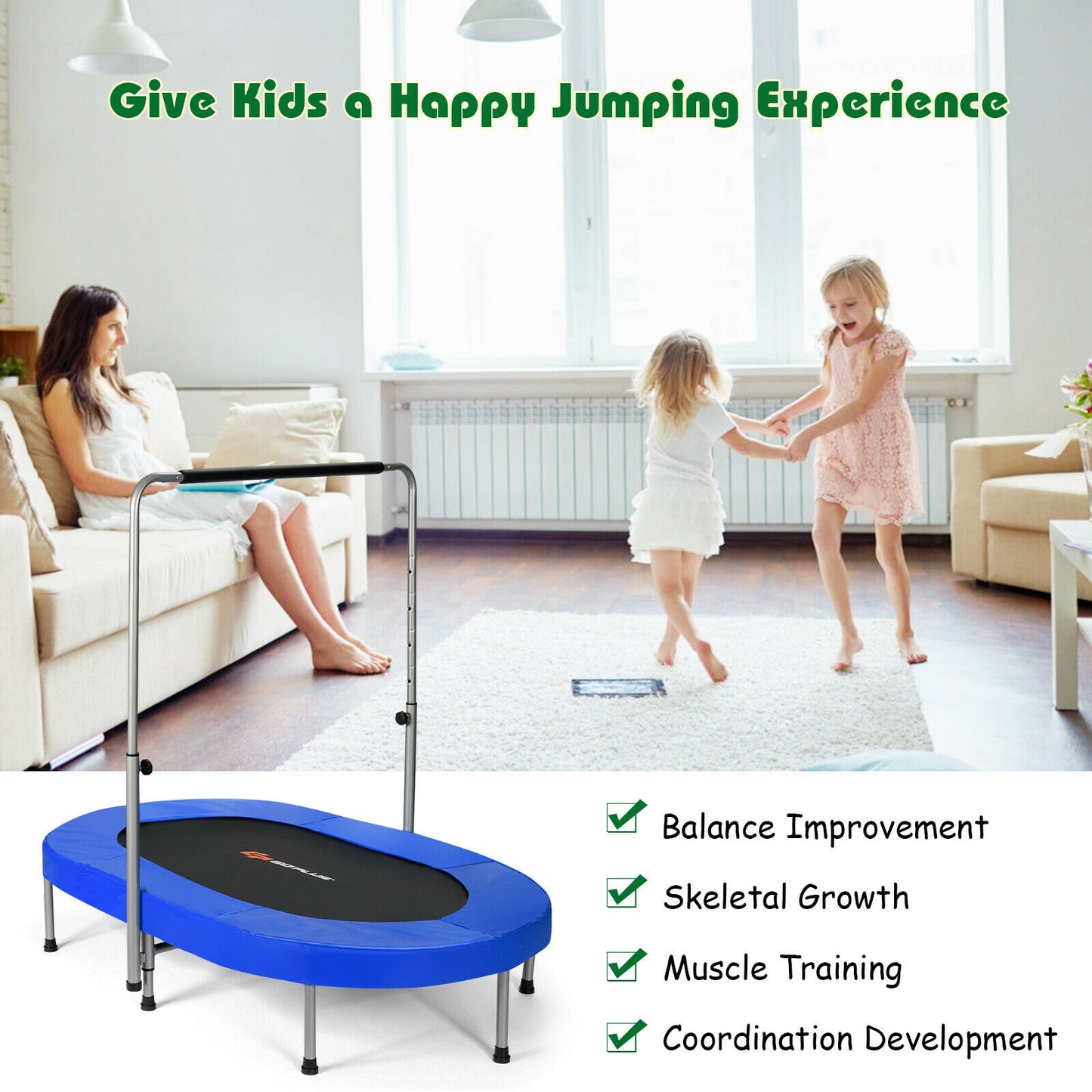 2-Person Foldable Fitness Trampoline with Adjustable Handle