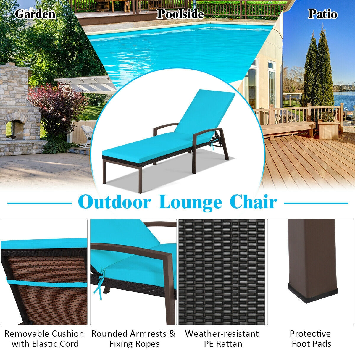 Adjustable Patio Chaise Lounge with Cushion - 5 Positions