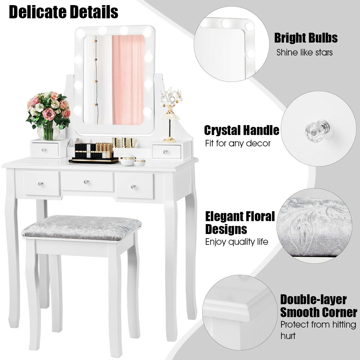 Vanity Dressing Table Set with 10 Dimmable Bulbs & Stool