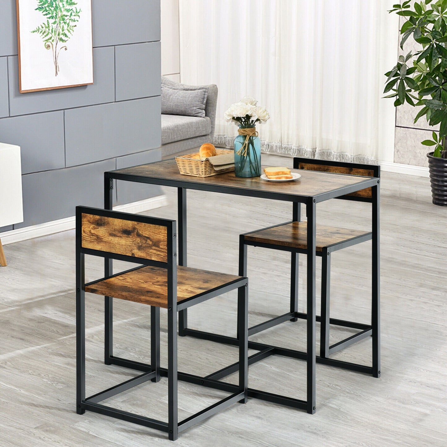 3-Piece Compact Dining Set with Metal Frame for Small Spaces