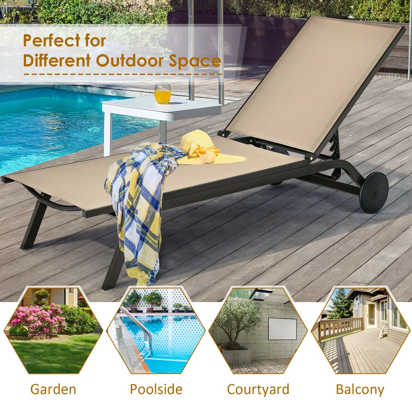 Adjustable Outdoor Chaise Lounge Chair with Wheels