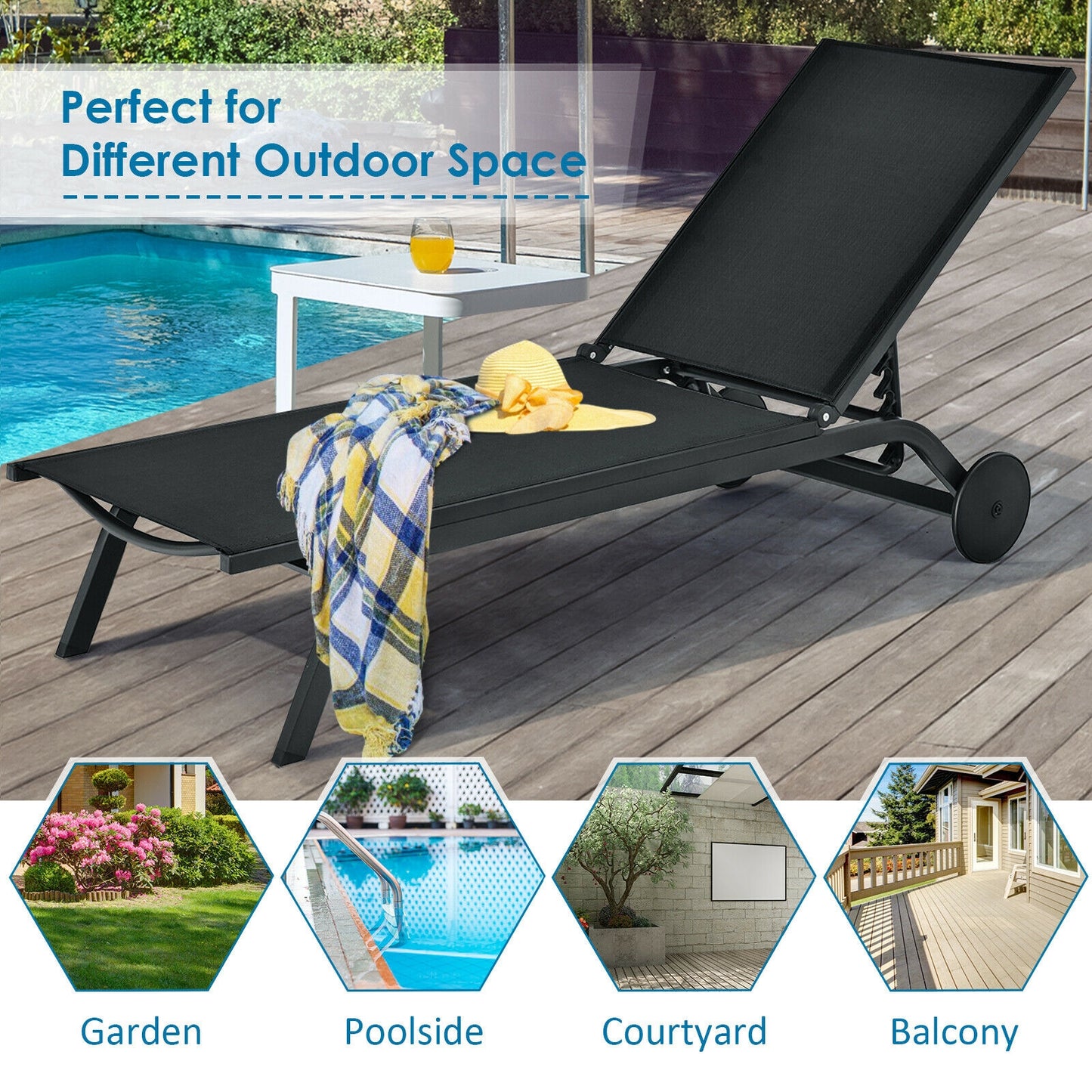 Adjustable Outdoor Chaise Lounge Chair with Wheels