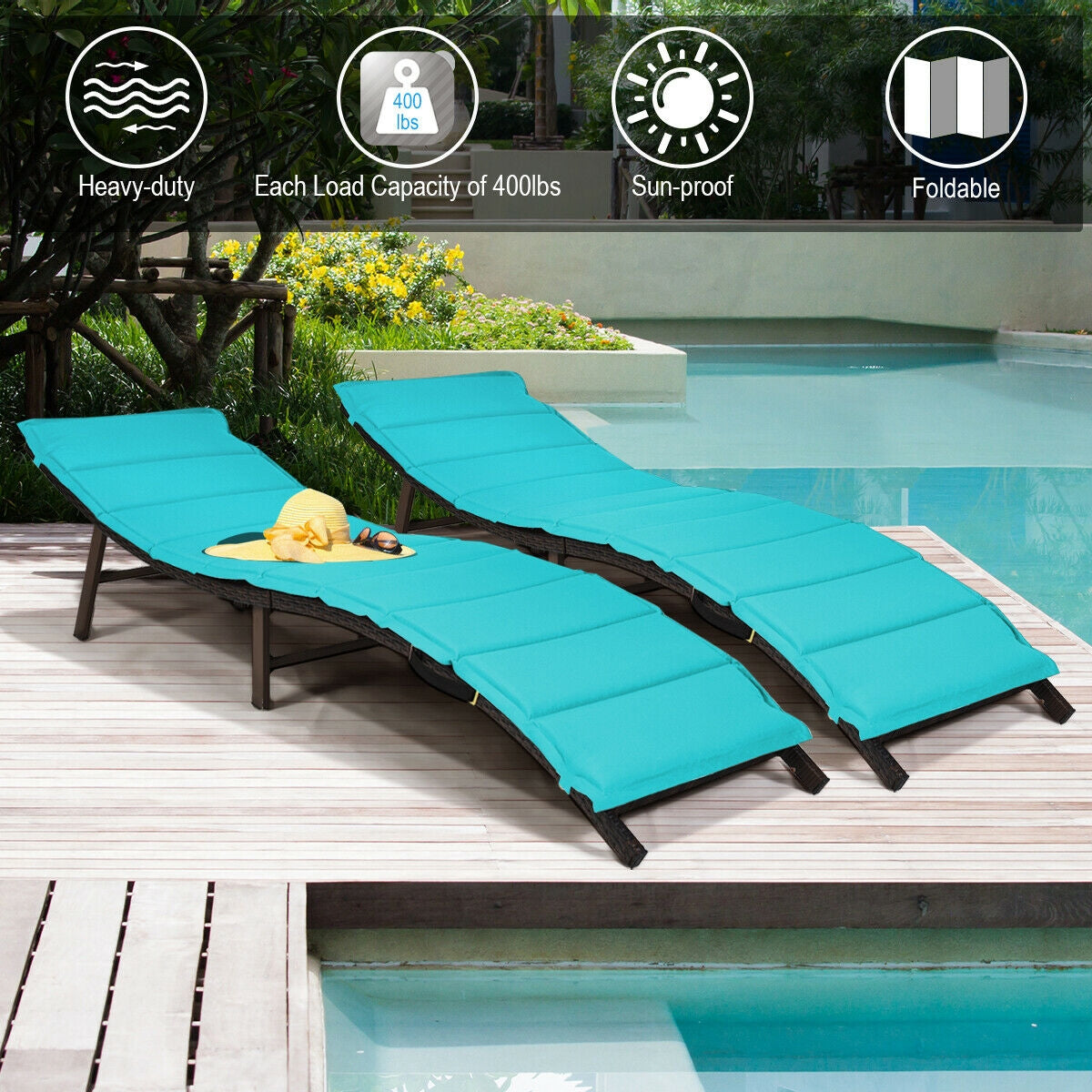 Folding Patio Chaise Lounge Chair Set of 2 with Cushions