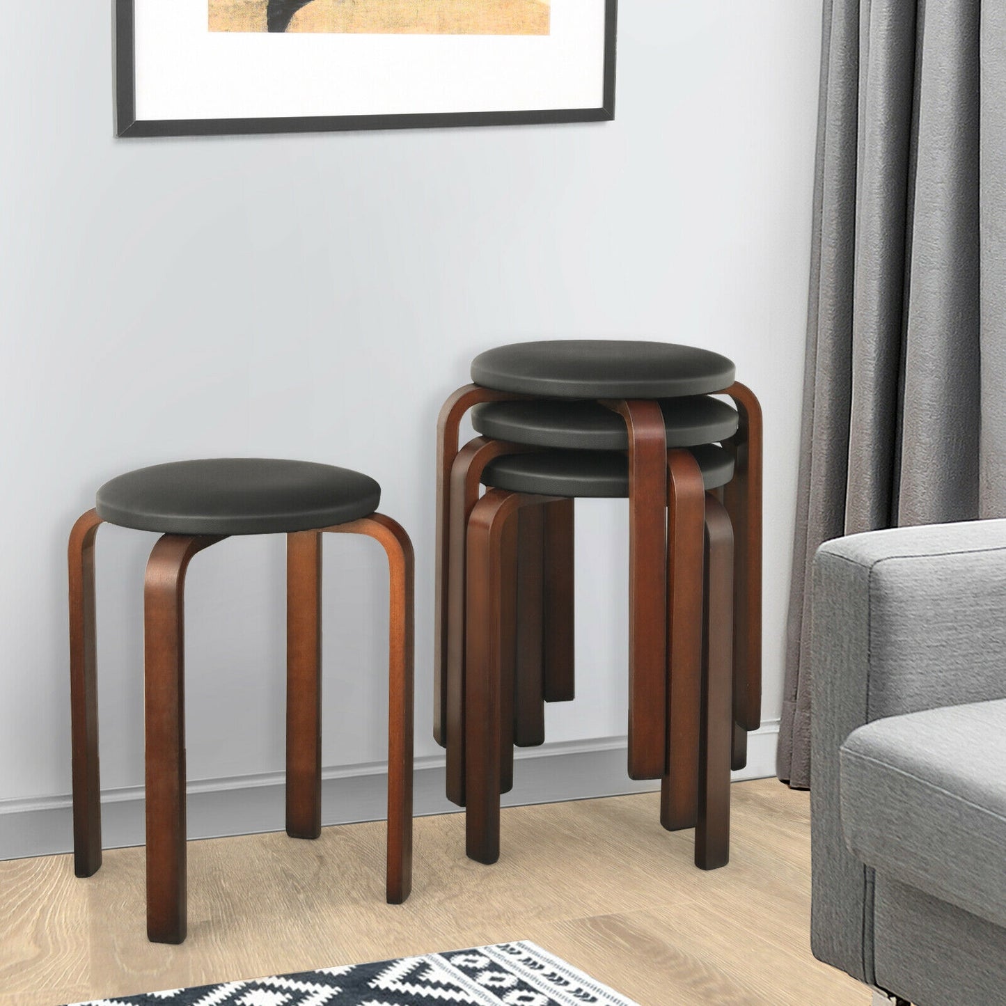 Stackable Bentwood Dining Stools with Padded Seat, Set of 4