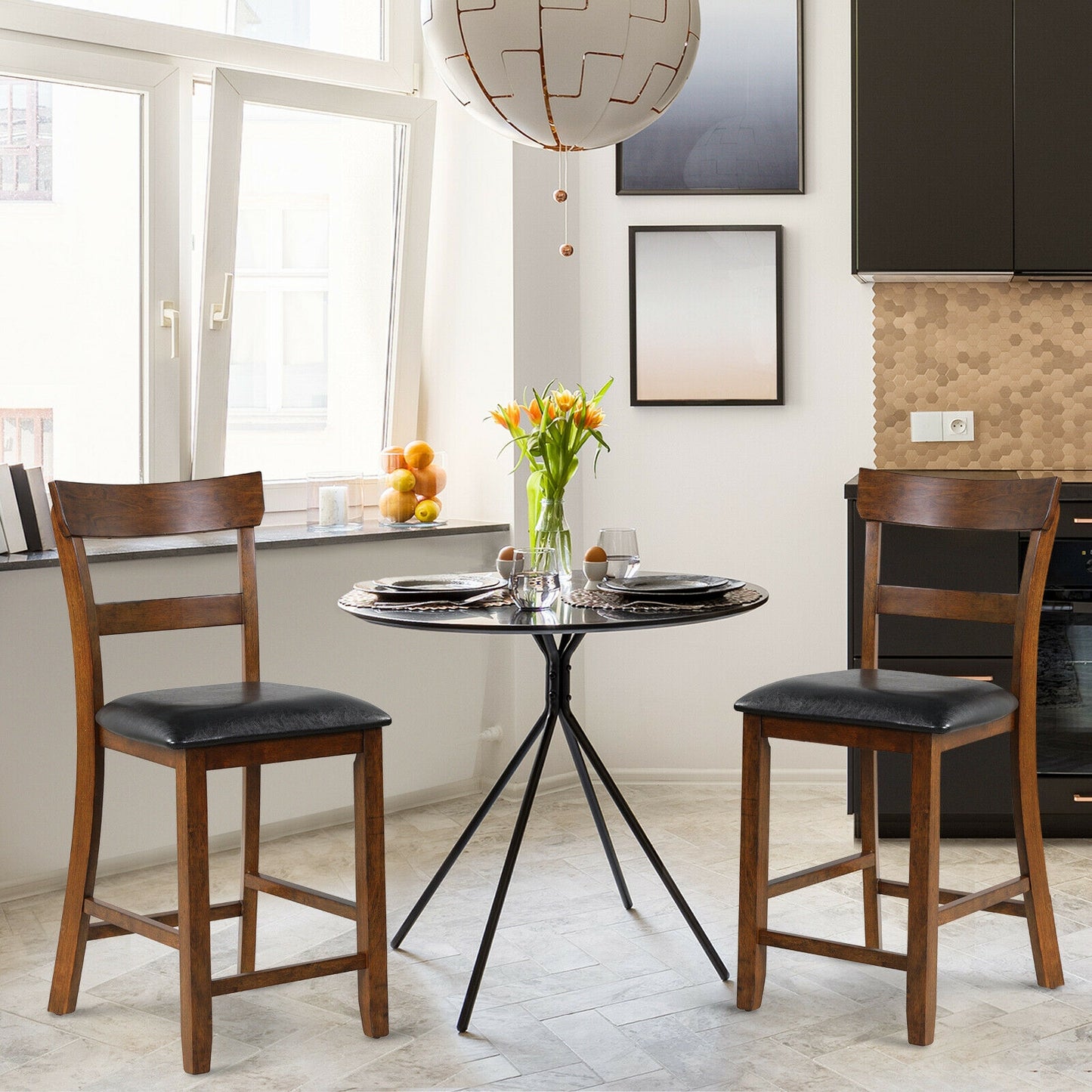 Counter Height Bar Chairs Set of 2 with Leather Seat