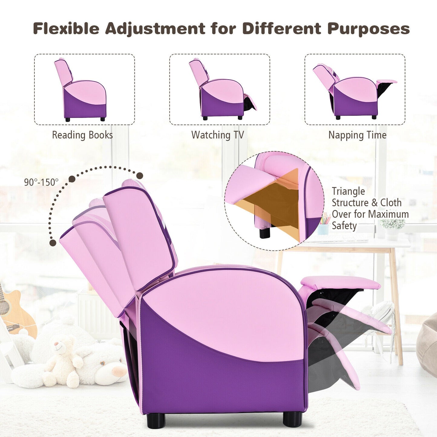 Kids Recliner Chair with Side Pockets - Adjustable Leather