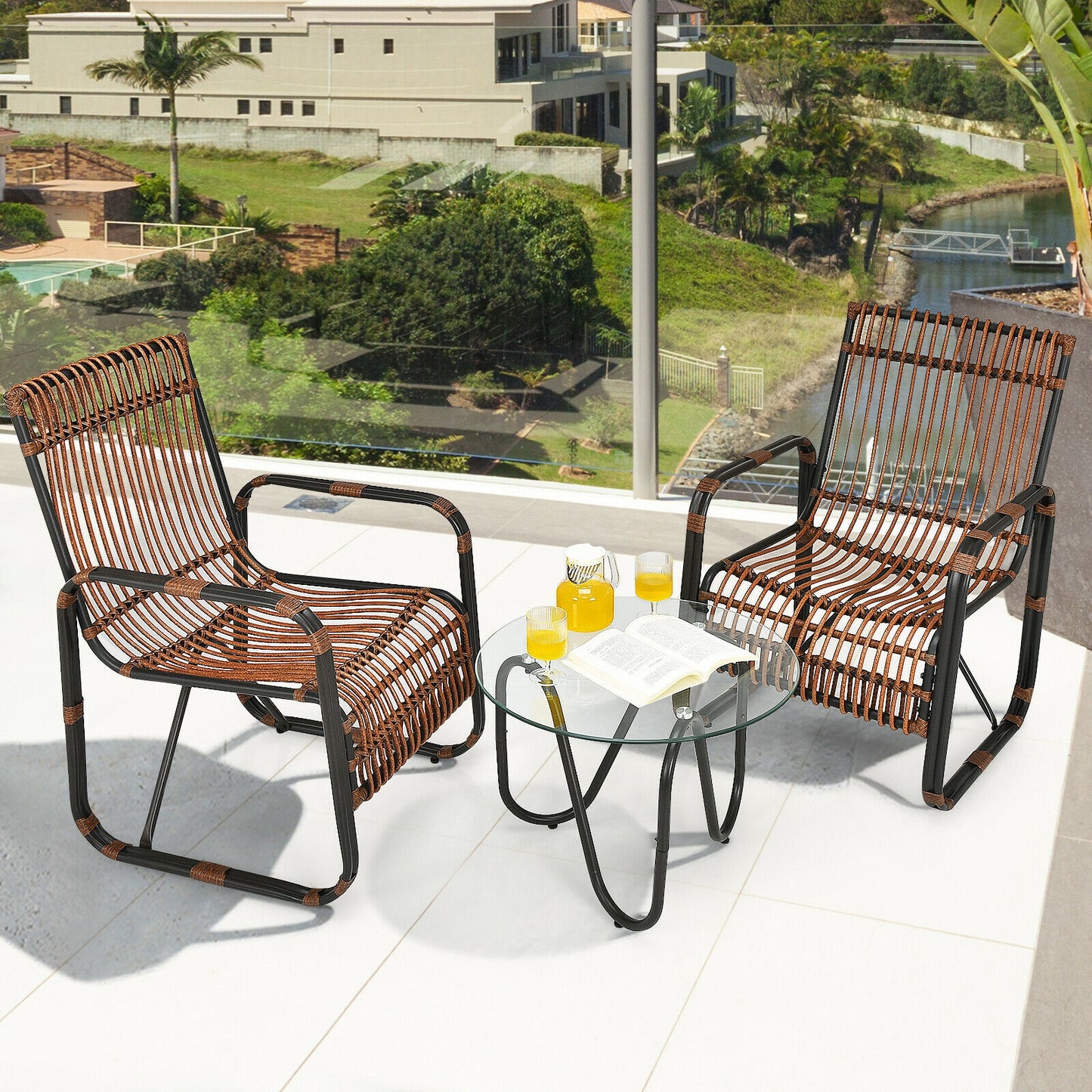 3-Piece Patio Conversation Set with Wicker Chairs & Glass Table