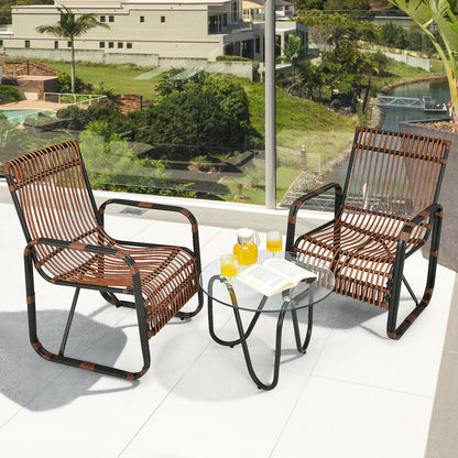 3-Piece Patio Conversation Set with Wicker Chairs & Glass Table