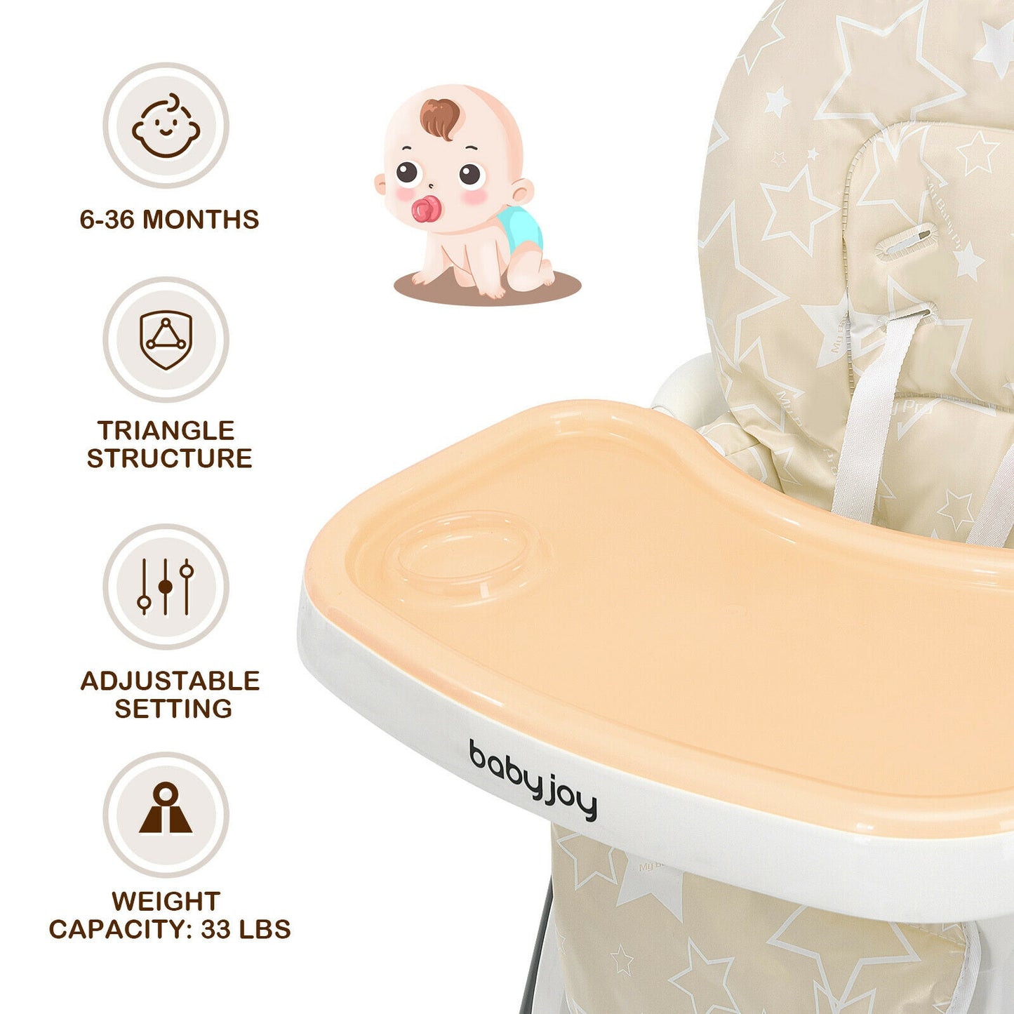 Folding Baby High Chair with 6-Level Height Adjustment