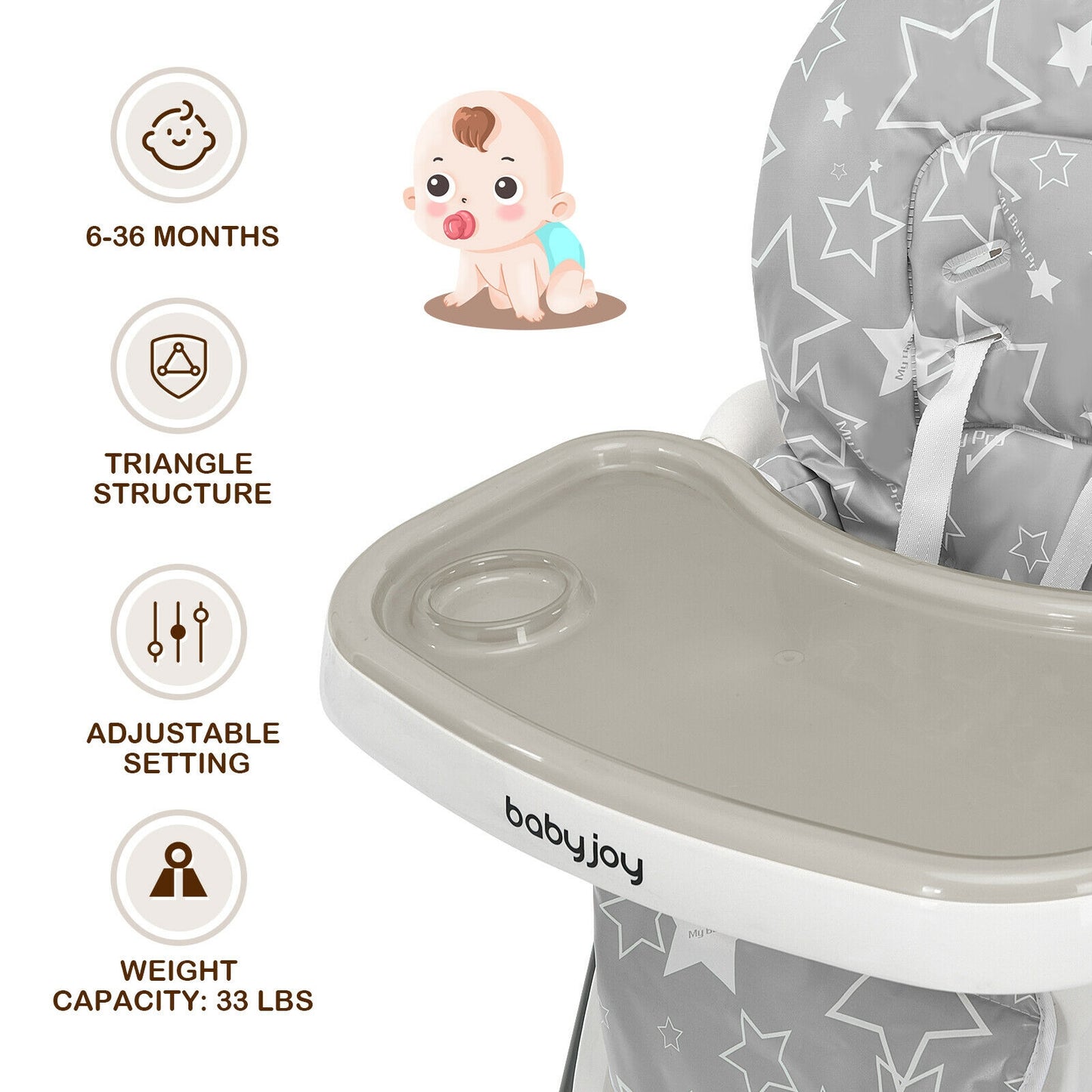 Folding Baby High Chair with 6-Level Height Adjustment