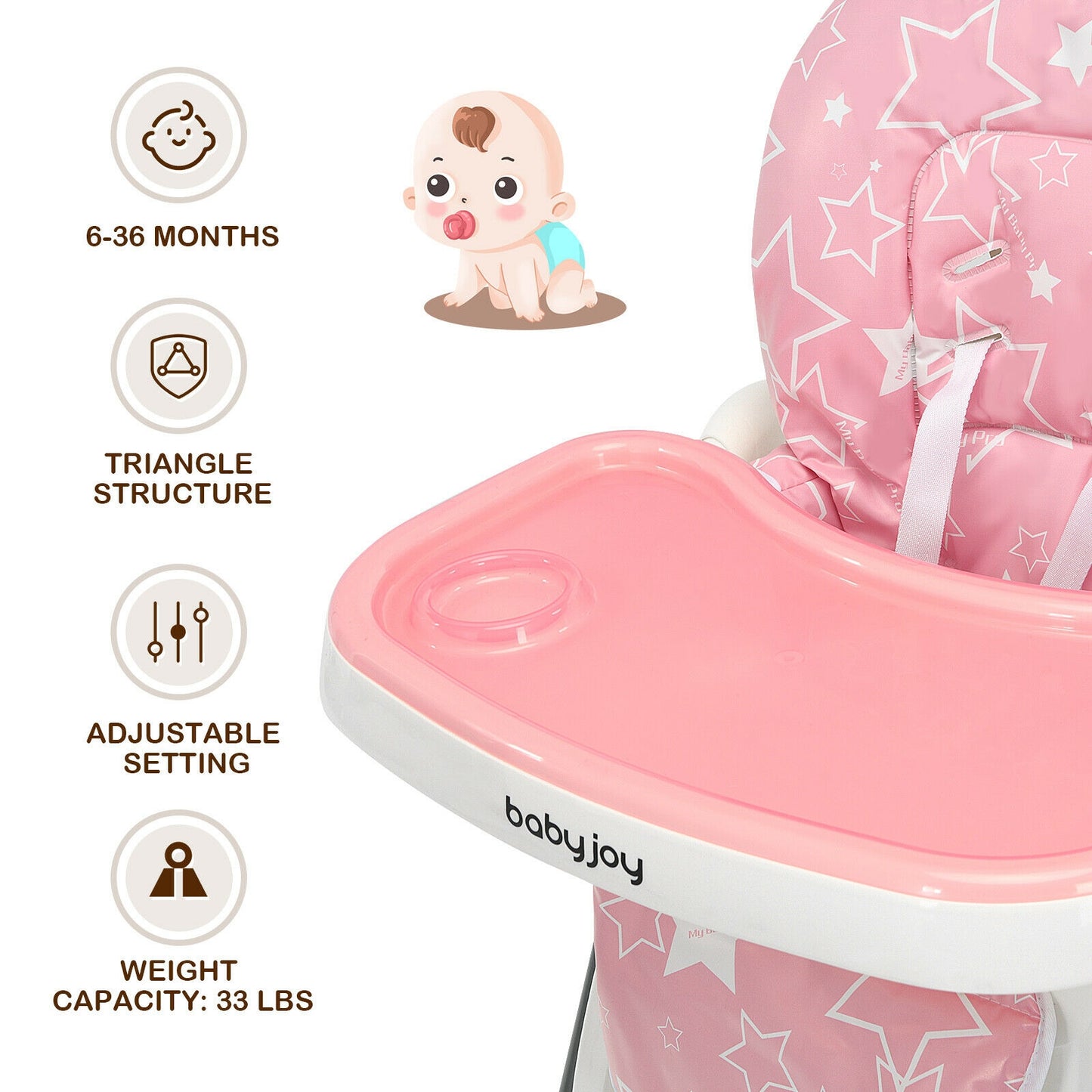 Folding Baby High Chair with 6-Level Height Adjustment