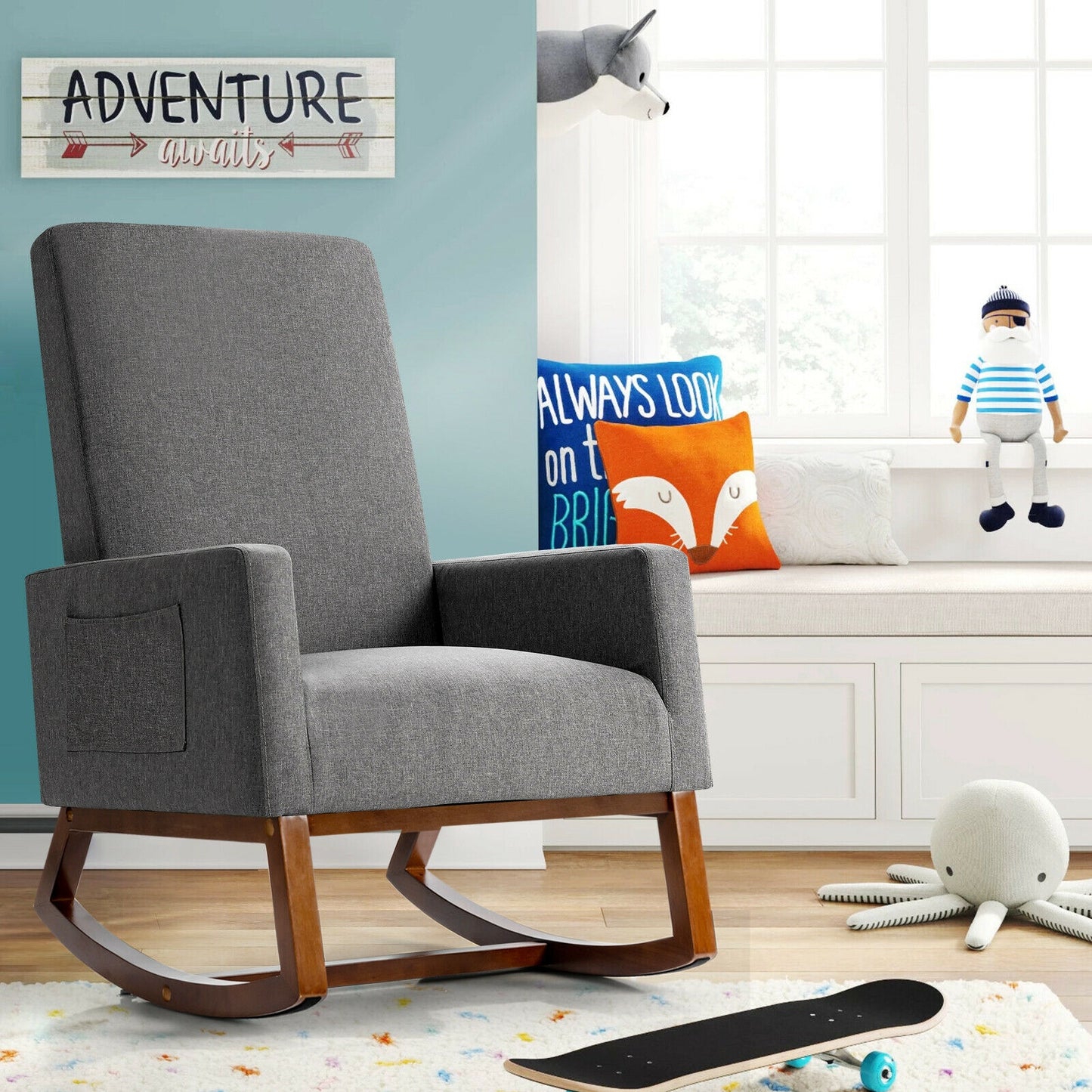 Upholstered Rocking Chair with Side Pocket and High Back