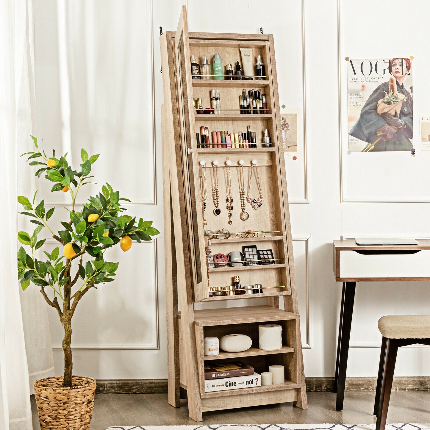Jewelry Armoire with Full-Length Mirror and Storage Cabinet