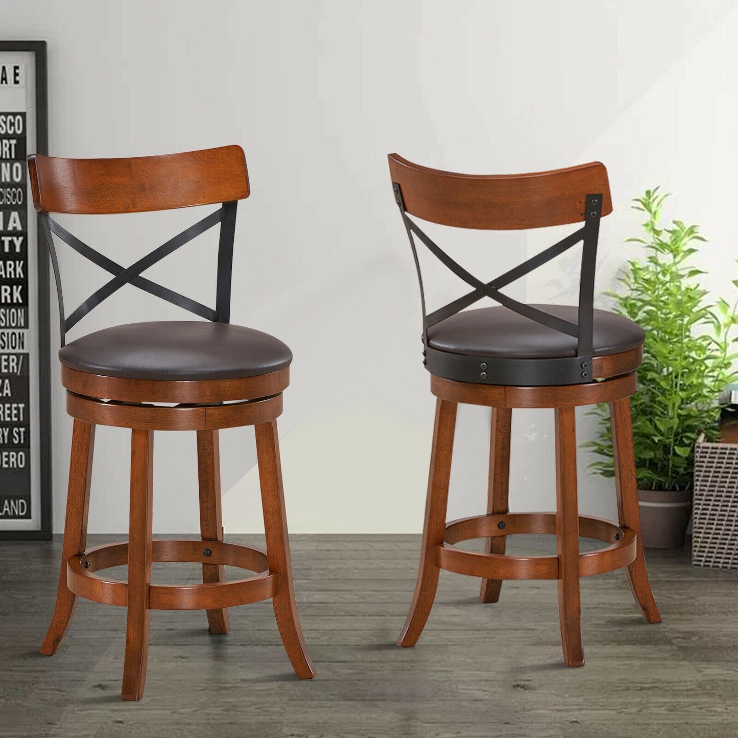 Swivel Bar Stools Set of 2 with Rubber Wood Legs - 360° Rotation