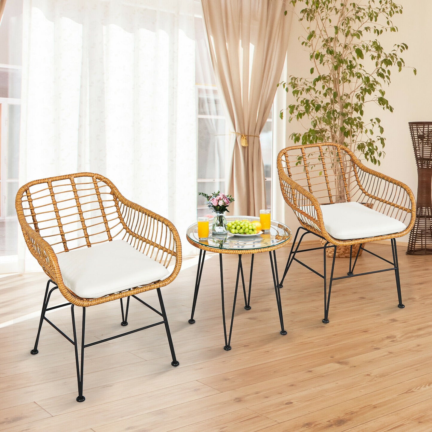 3-Piece Rattan Patio Conversation Set with Cushioned Chairs