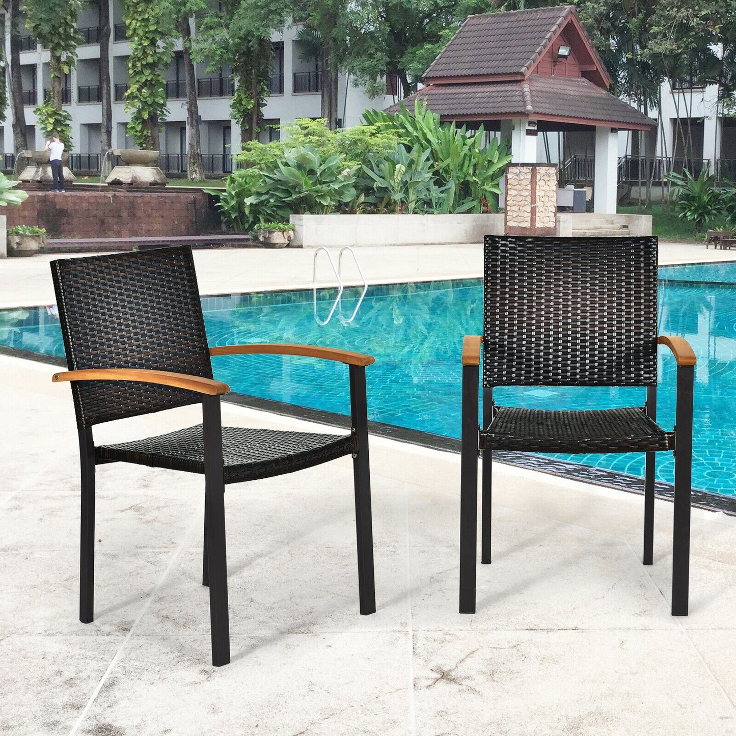 Outdoor Patio Dining Chairs Set of 4 with Rattan & Acacia Wood