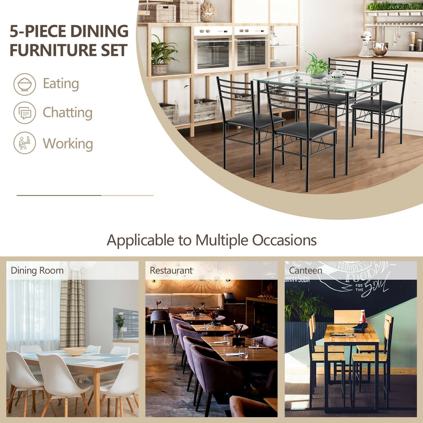 5-Piece Dining Set with Tempered Glass Table and Upholstered Chairs