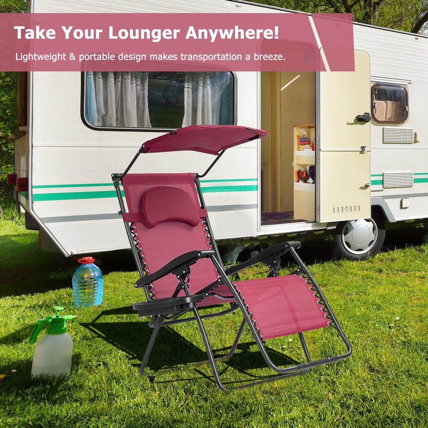 Folding Recliner Lounge Chair with Adjustable Canopy