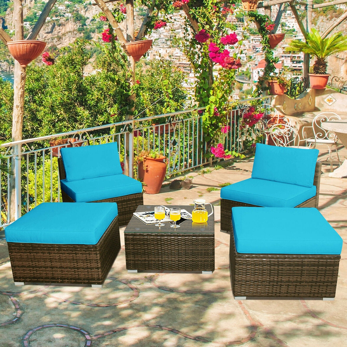 5 Pieces Patio Rattan Furniture Set with Cushioned Armless Sofa