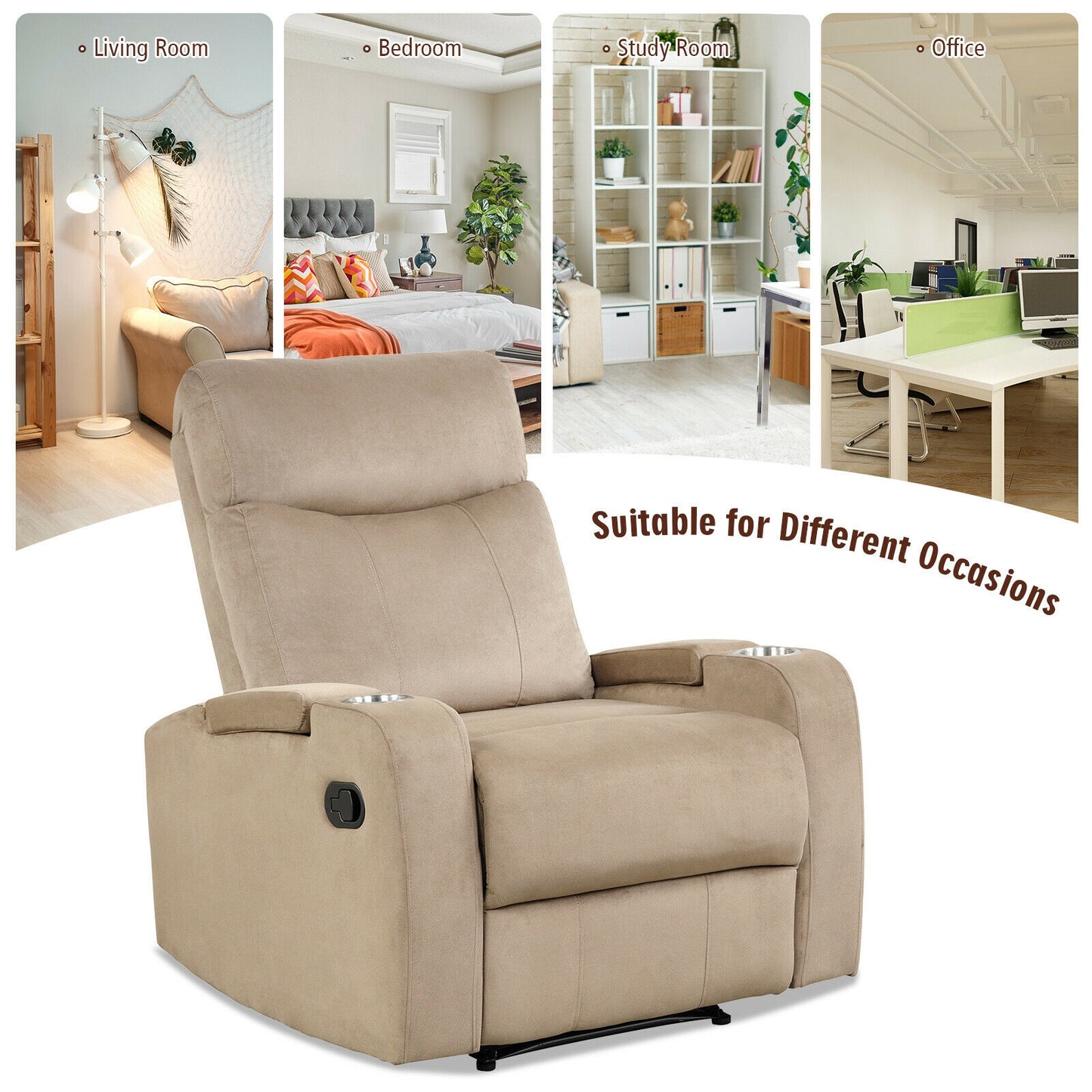 Recliner Chair with Storage Armrests and Cup Holders