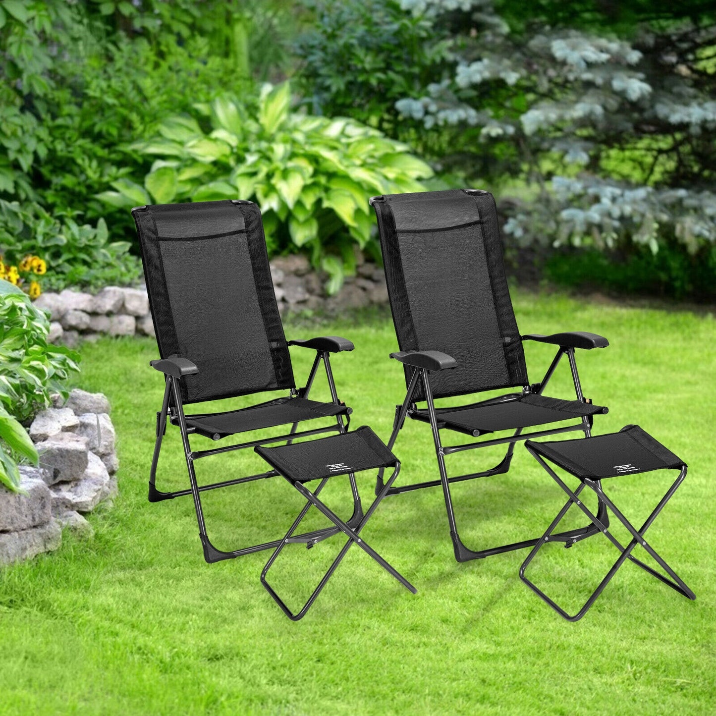 Adjustable Folding Patio Dining Chair with Ottoman Set (2-Pack)