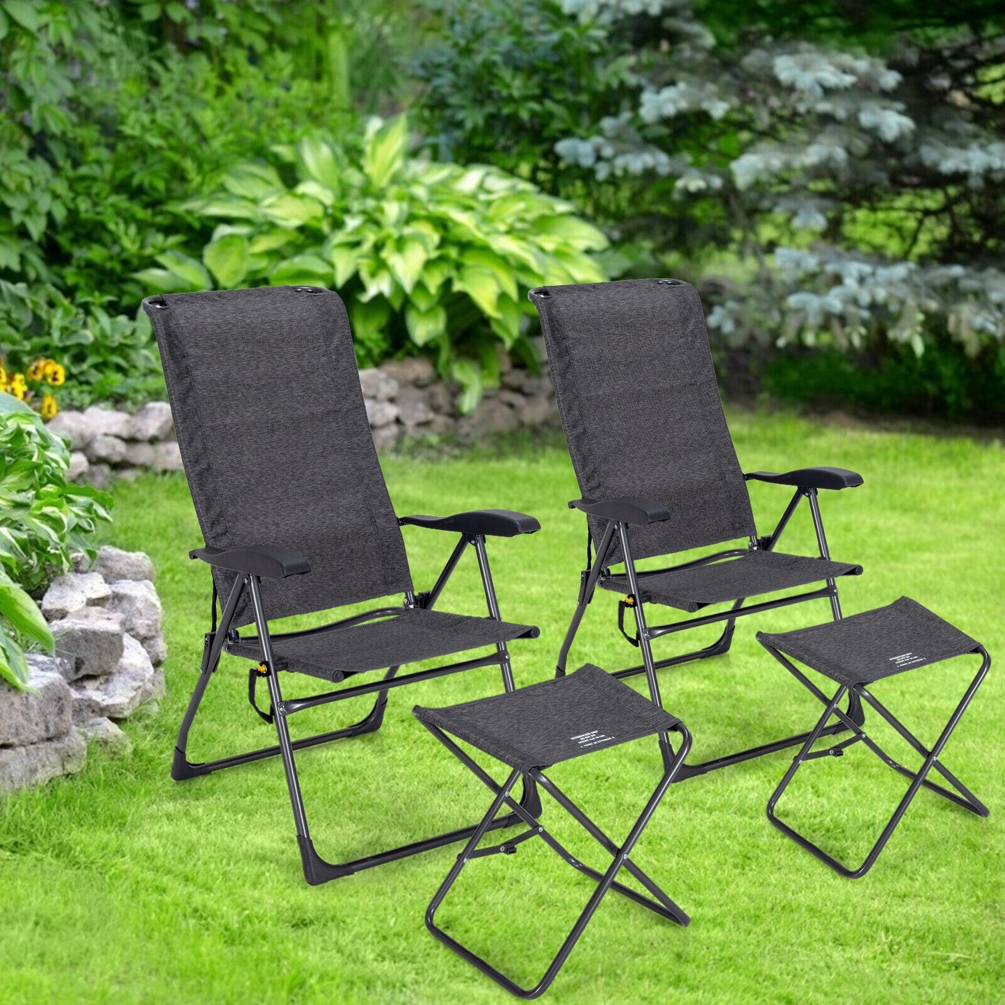 Adjustable Folding Patio Dining Chair with Ottoman Set (2-Pack)