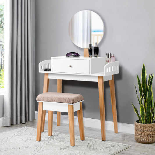 Makeup Vanity Table Set with Round Mirror and Cushioned Stool