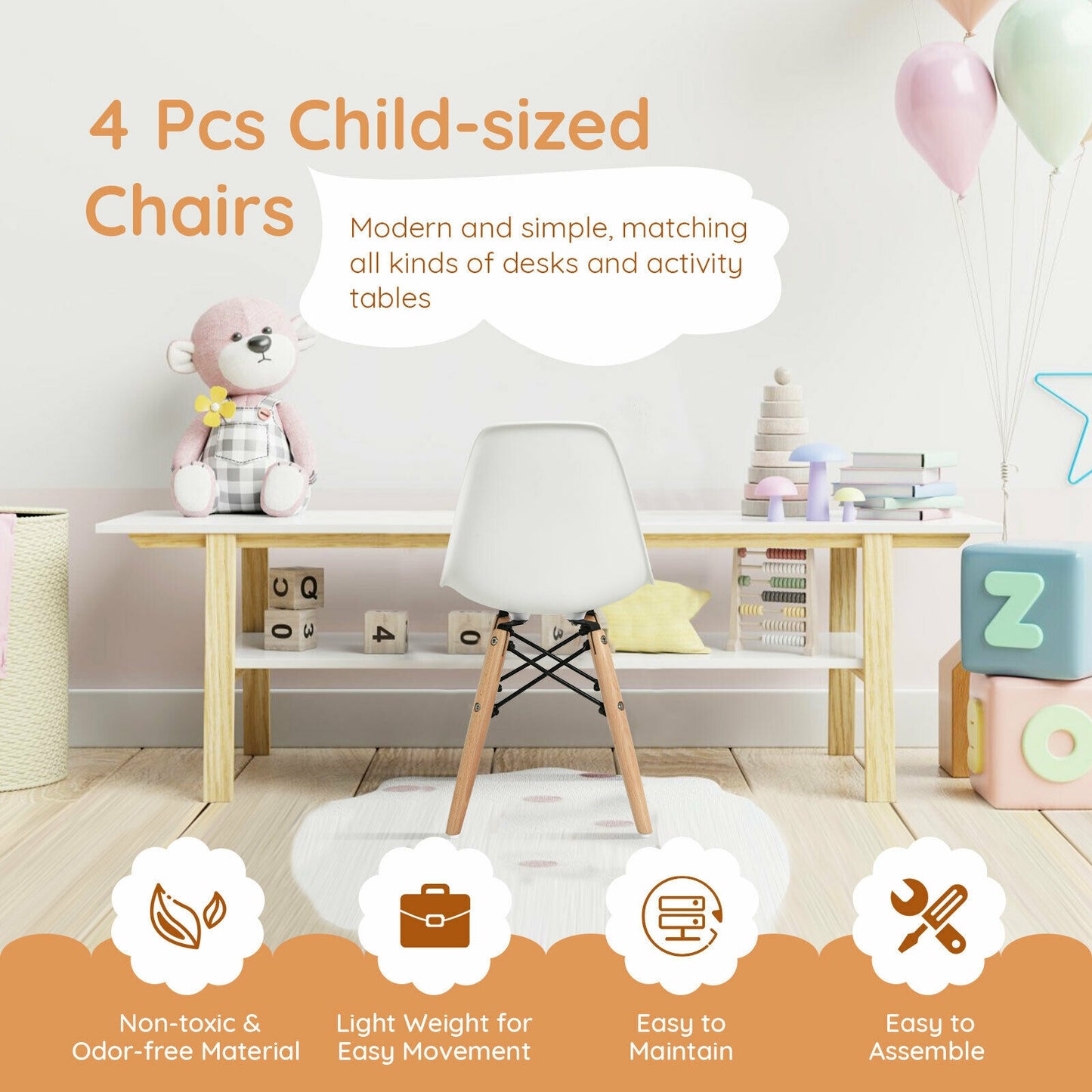 Kids Dining Chairs Set of 4 with Wood Legs