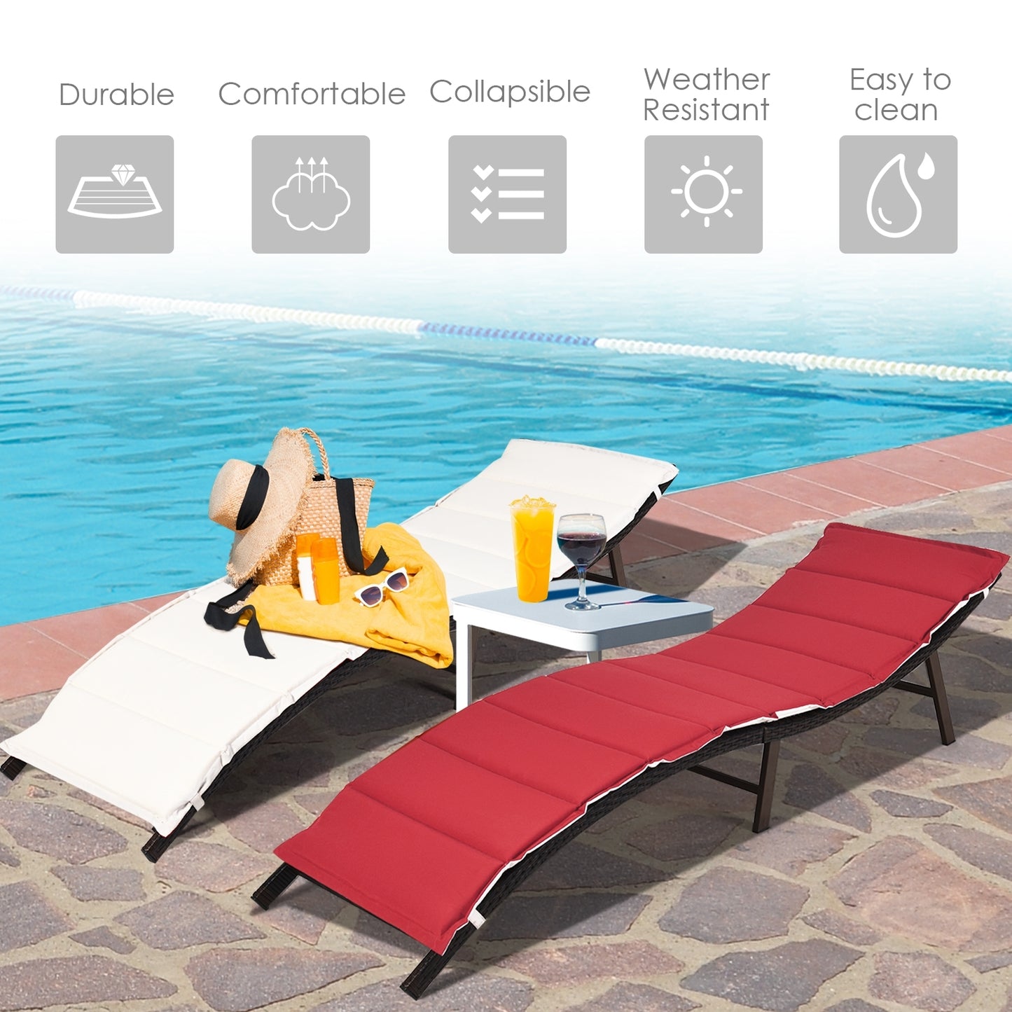 Folding Patio Chaise Lounge Chair Set of 2 with Cushions