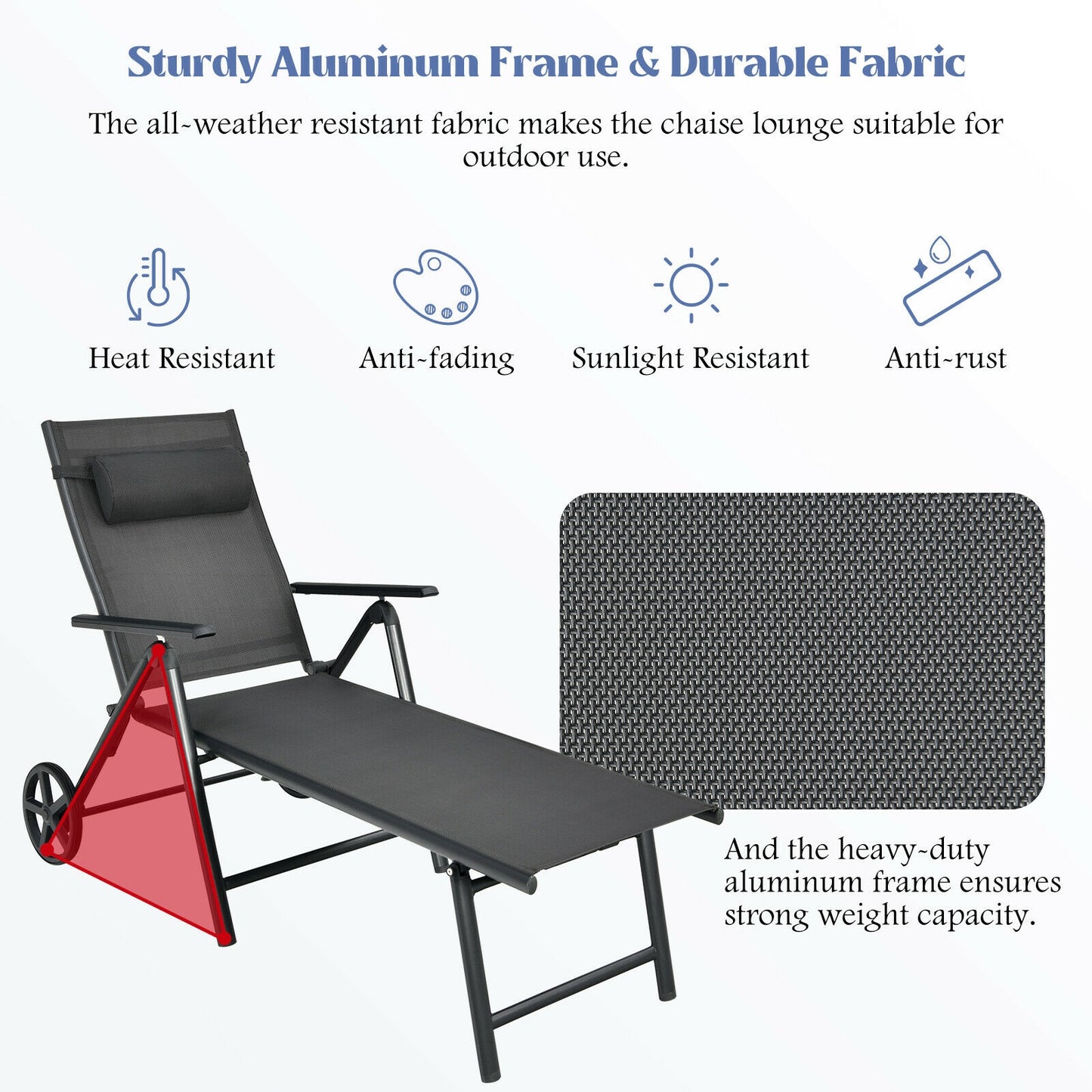 Adjustable Patio Lounge Chair with Wheels and Neck Pillow