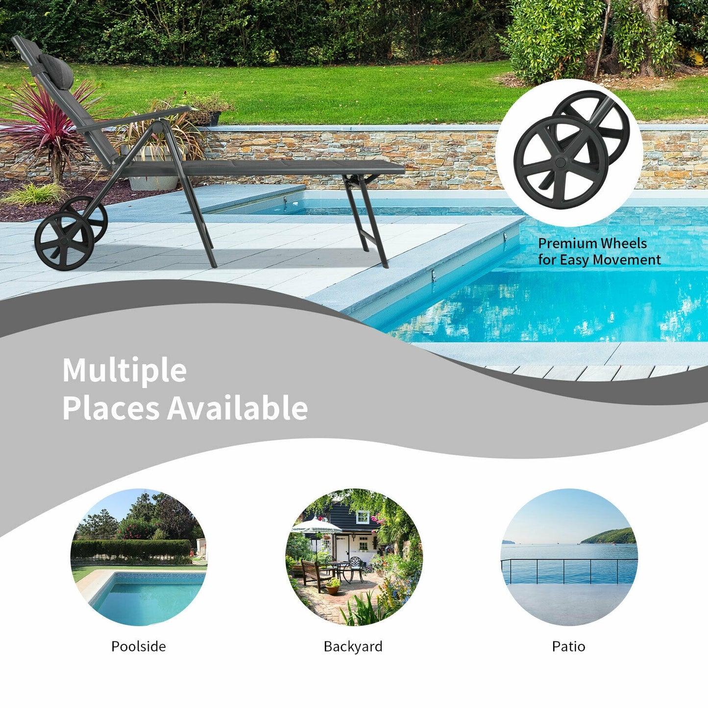 Reclining Patio Chaise Lounge with Adjustable Backrest & Wheels