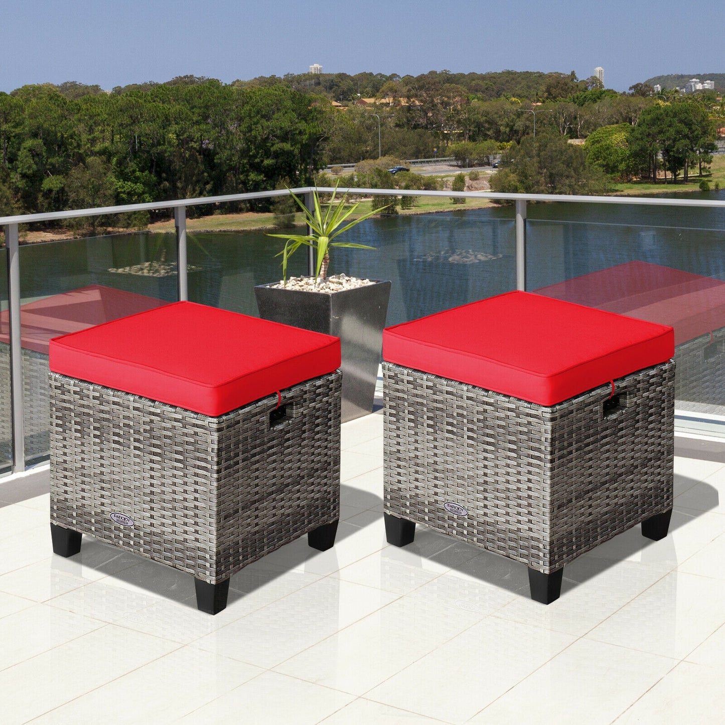 Patio Rattan Ottoman Set with Removable Cushions (2-Piece)