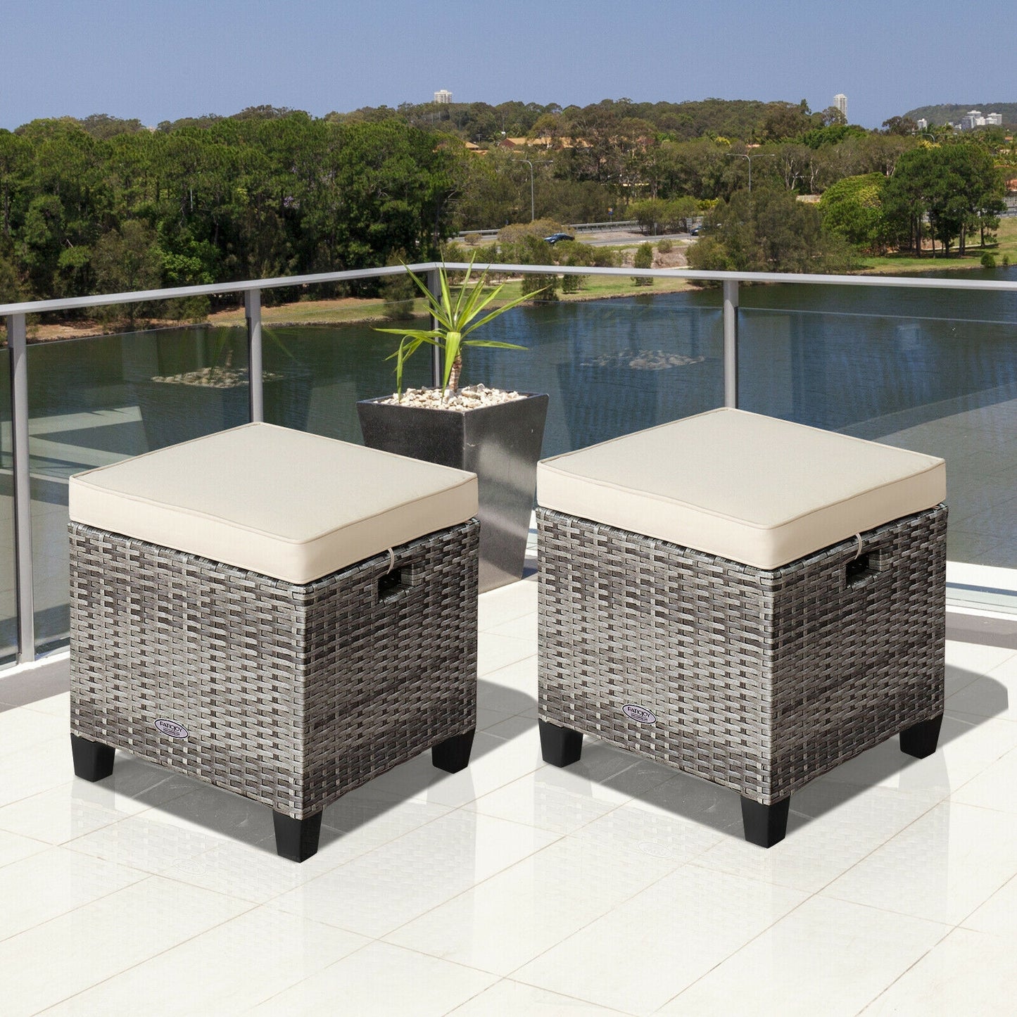 Patio Rattan Ottoman Set with Removable Cushions (2-Piece)