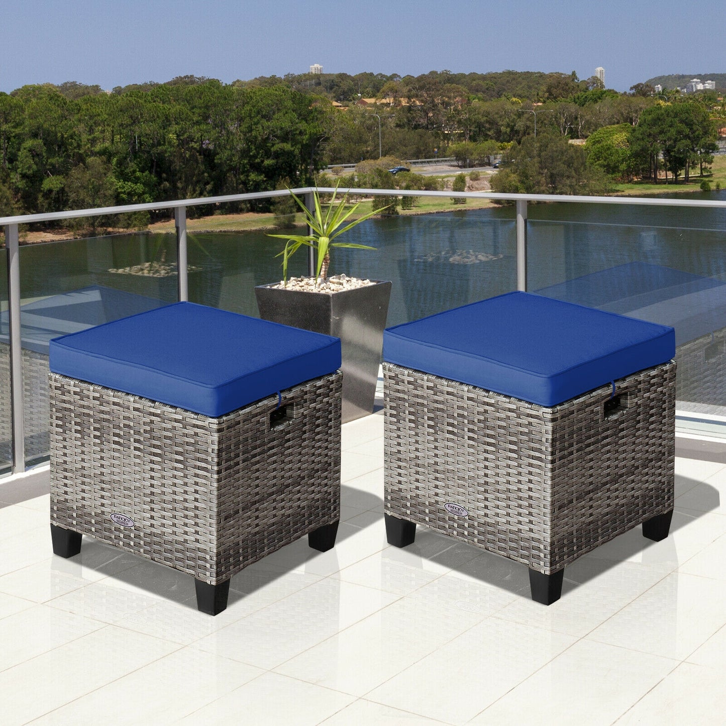 Patio Rattan Ottoman Set with Removable Cushions (2-Piece)