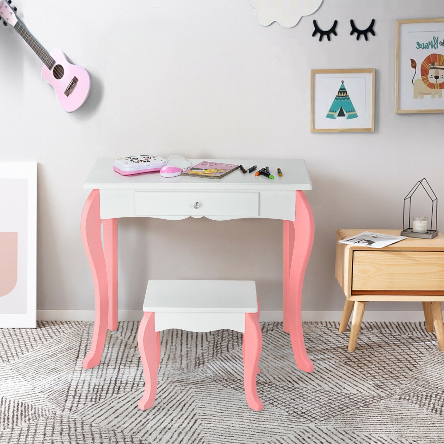 Kids Vanity Table Set with Mirror, Drawer & Stool - Pink