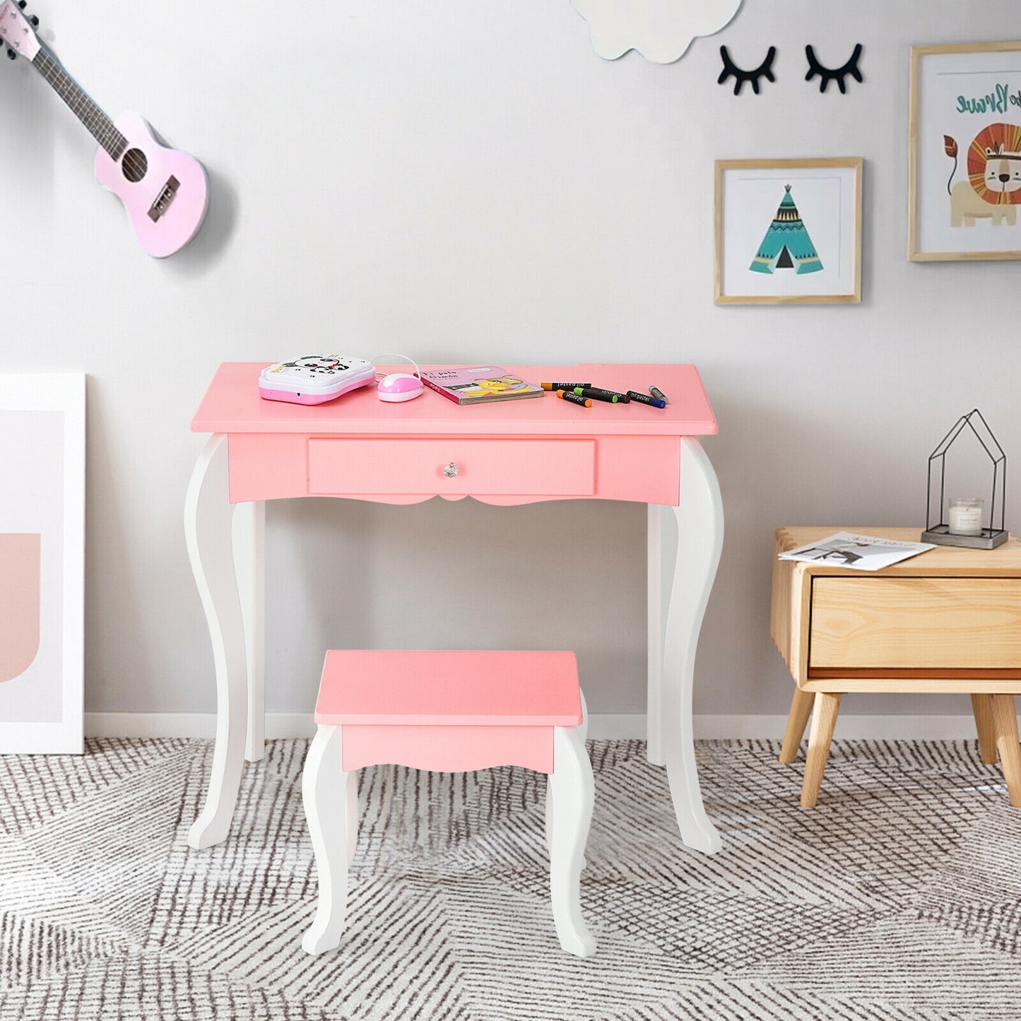 Kids Vanity Table Set with Mirror, Drawer & Stool - Pink