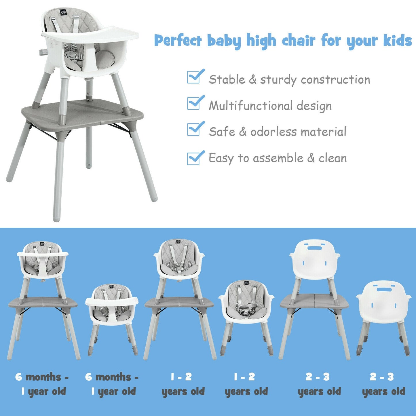 4-in-1 Convertible Baby High Chair with PU Cushion