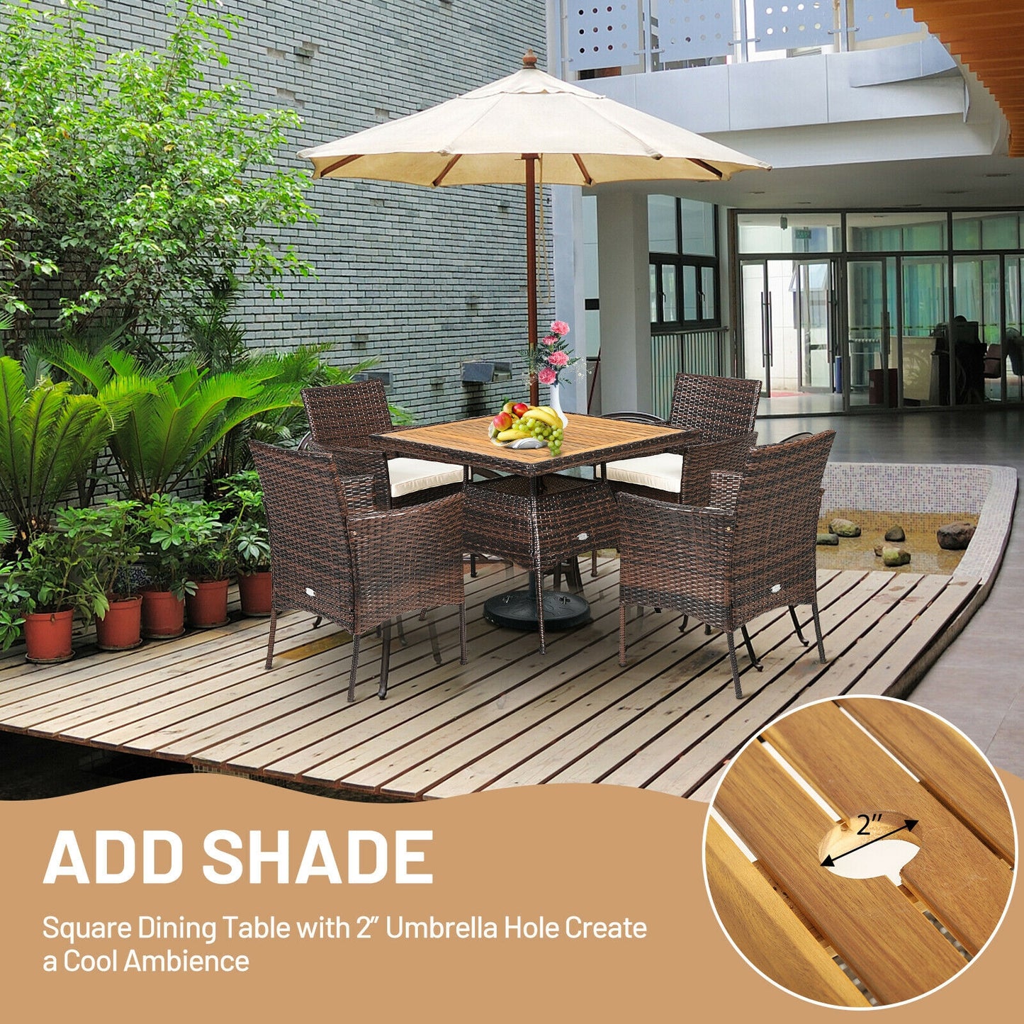 5-Piece Patio Dining Set with Rattan Chairs & Wood Table