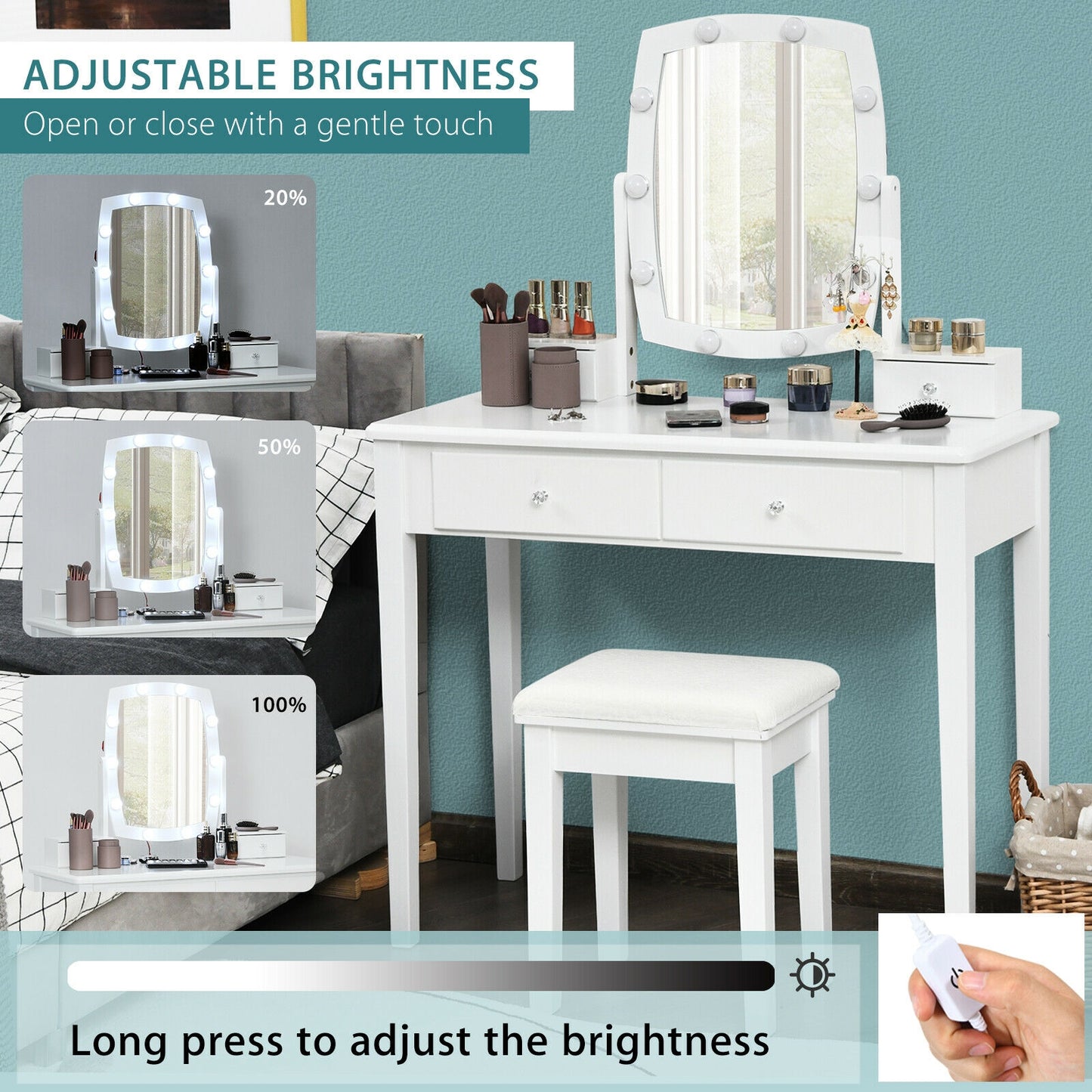 Lighted Vanity Table Set with Mirror and Stool